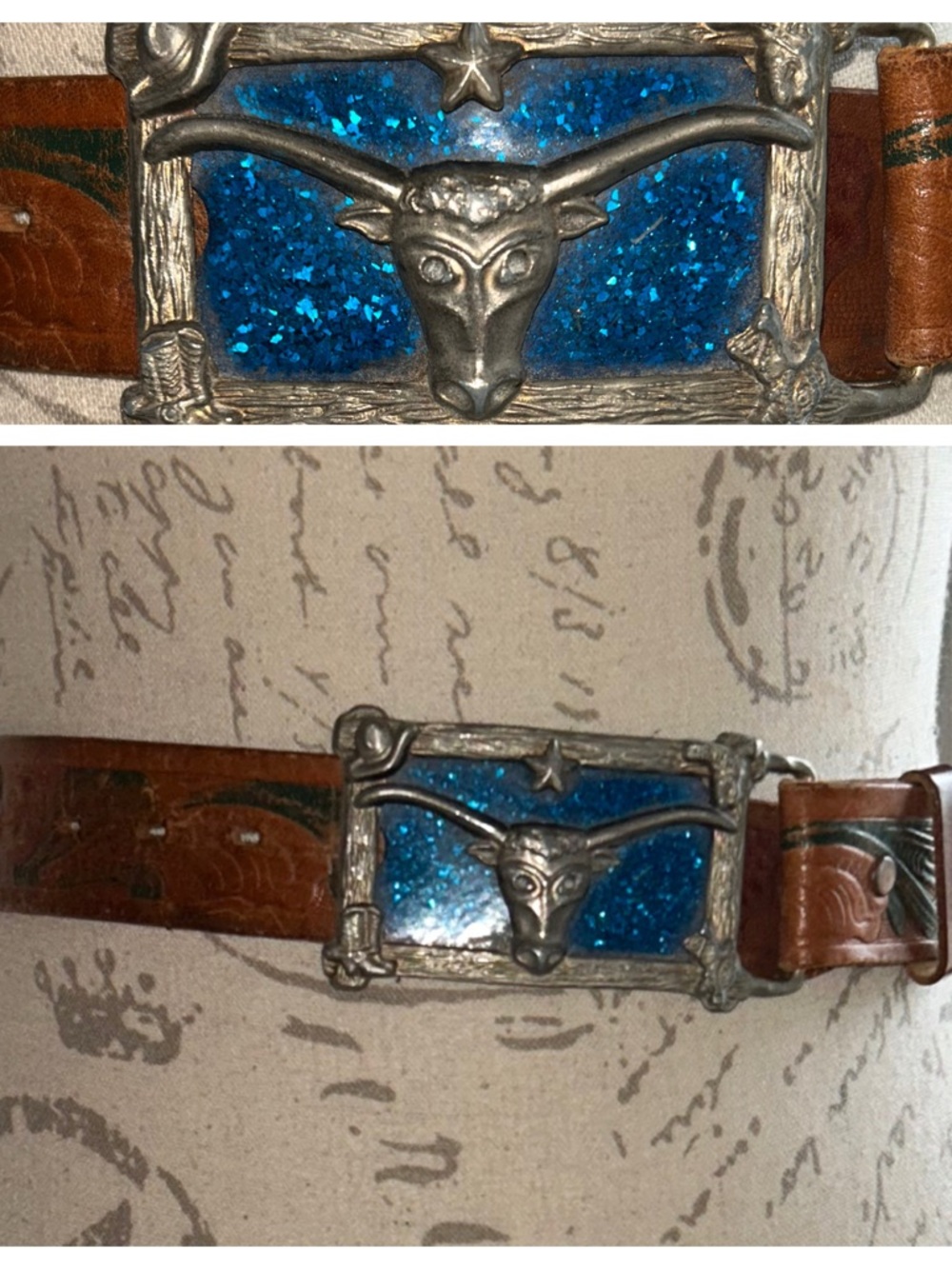 Vintage Saddle Leather Hand Finished Top Grain Longhorn Western Belt Buckle 24